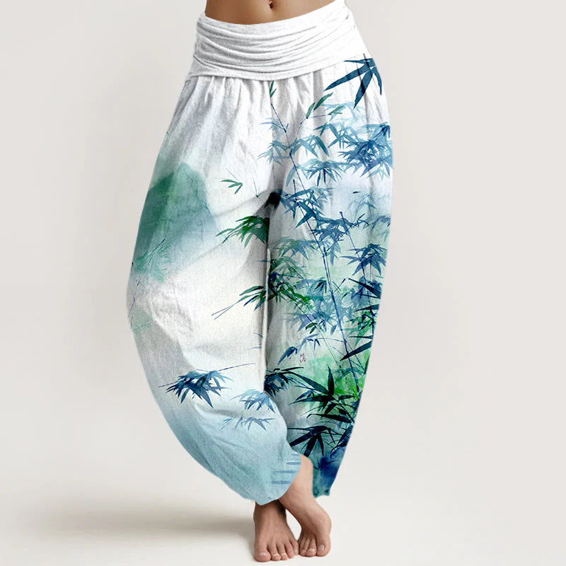 Buddha Stones Pure Cotton Bamboo Leaves Mountain Pattern Women's Elastic Waist Harem Pants
