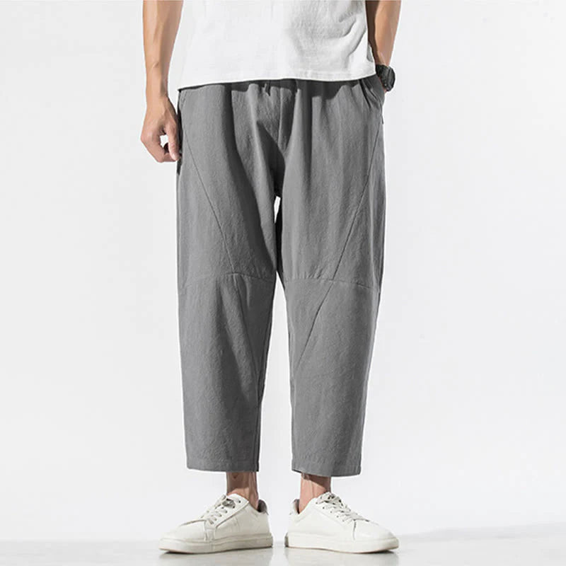 Buddha Stones Vintage Jacquard Solid Color Drawstring Cotton Linen Men's Harem Pants With Pockets