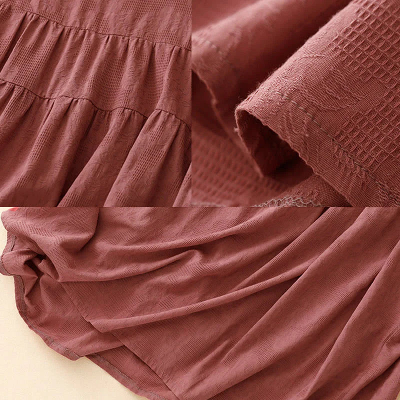 Buddha Stones Summer Jacquard Plain Elastic Cuff Design Crew Neck Short Sleeve Cotton Midi Dress