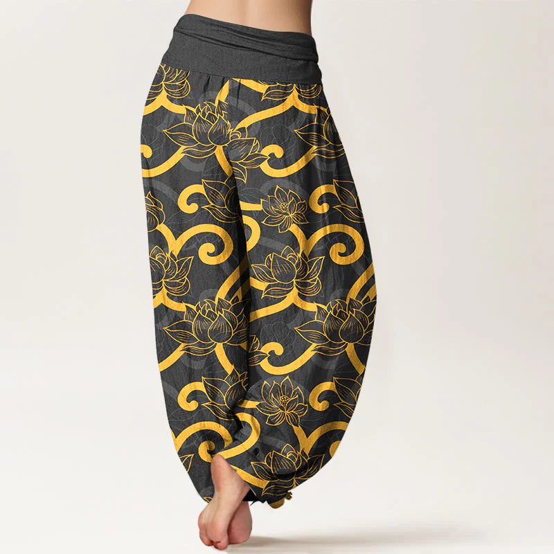 Buddha Stones Pure Cotton Elegant Gorgeous Lotus Scroll Pattern Women's Elastic Waist Harem Pants