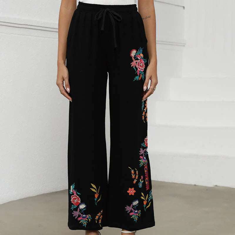 Buddha Stones Black Summer Plain Ethnic Embroidery Cotton Linen Drawstring Women's Pants With Pockets
