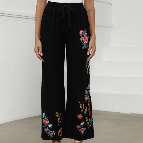 Buddha Stones Black Summer Plain Ethnic Embroidery Cotton Linen Drawstring Women's Pants With Pockets