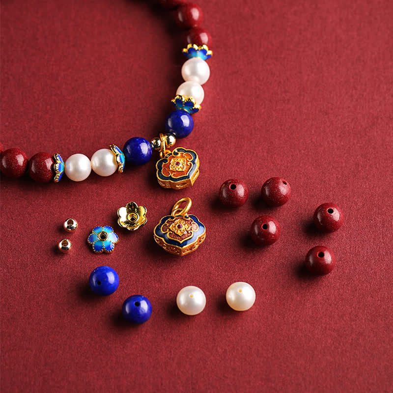 Buddha Stones Cinnabar Lapis Lazuli Chinese Lock Charm Blessing Bracelet