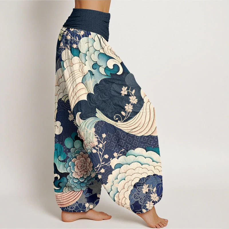 Buddha Stones Cotton Flower Wave Pattern Women's Elastic Waist Harem Pants