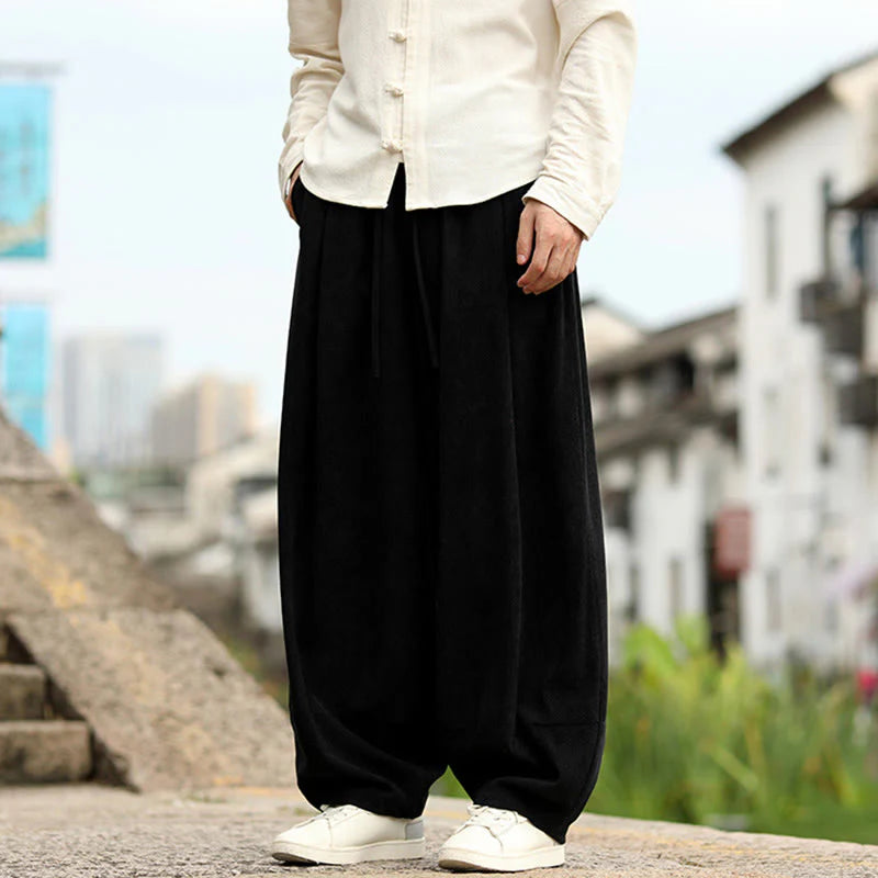 Buddha Stones Fall Solid Elastic Waist Drawstring Men's Harem Pants With Pockets