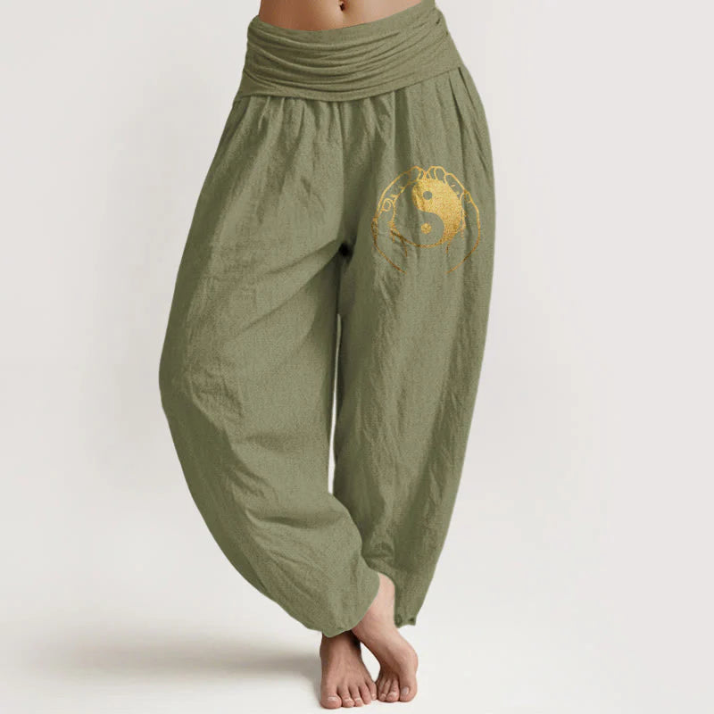Buddha Stones Yin Yang Hand Pattern Women's Elastic Waist Harem Cotton Pants