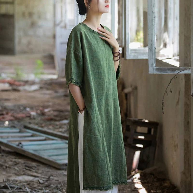 Buddha Stones Mid Length Dress Ramie Linen Half Sleeve Split Hem Top T-Shirt