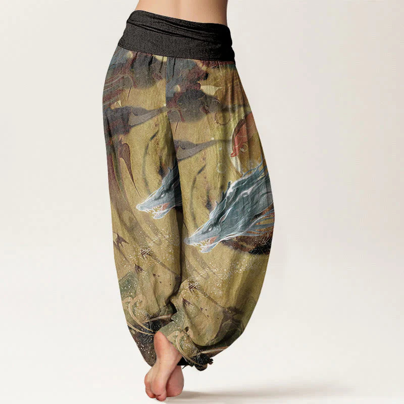 Buddha Stones Pure Cotton Dragon Auspicious Clouds Pattern Women's Elastic Waist Harem Pants