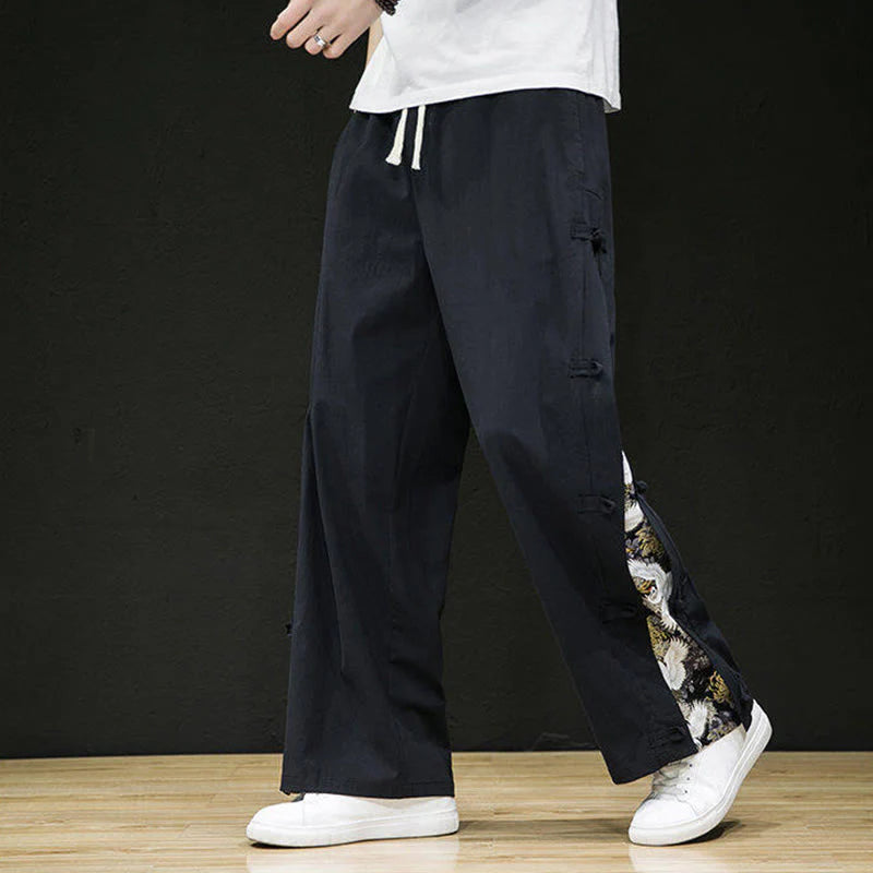 Buddha Stones Casual Patchwork Crane Pattern Frog-Button Design Men's Wide Leg Pants With Pockets