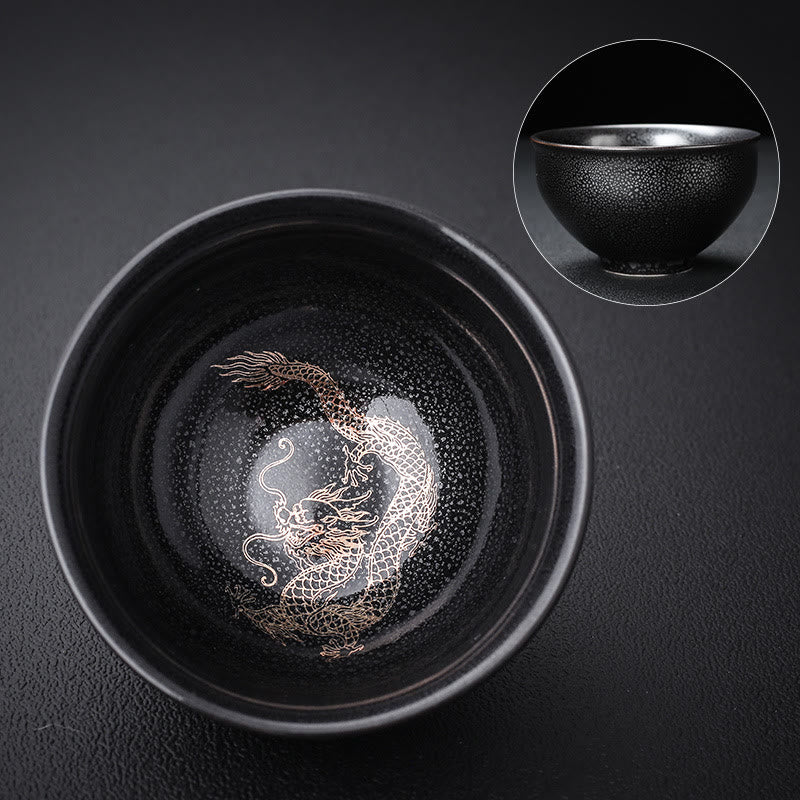 Buddha Stones Gold Leaf Chinese Jianzhan Dragon Phoenix Lotus Avalokitesvara Koi Fish Ceramic Teacup Tenmoku Kung Fu Tea Cup Bowl