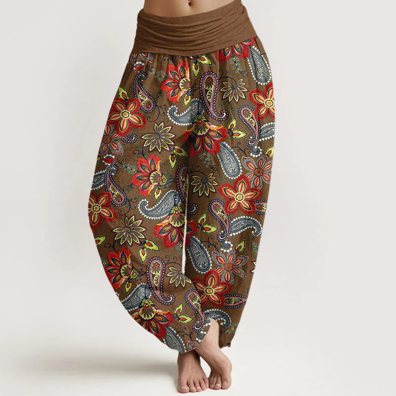 Buddha Stones Women's Elastic Waist Paisley Floral Pattern Pure Cotton Harem Pants