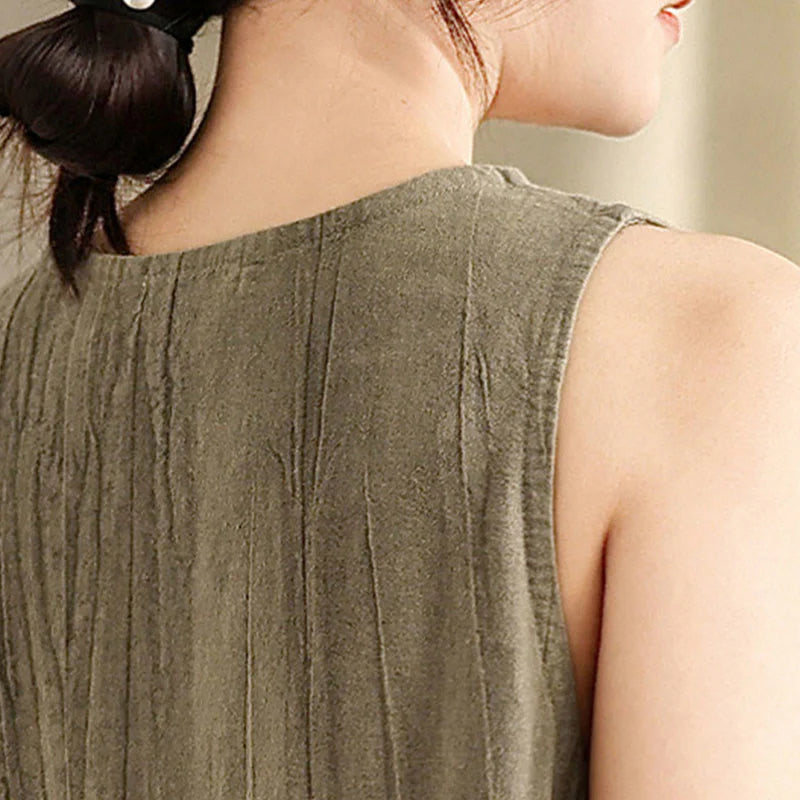 Buddha Stones Tie Dye Chinese Frog-Button RamieÂ Linen Sleeveless Midi Dress With Pockets