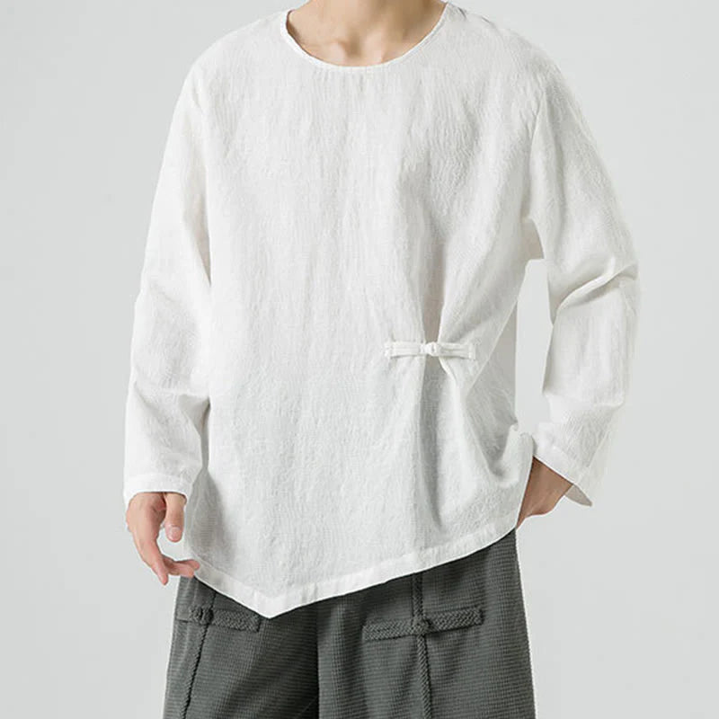 Buddha Stones Men's Chinese Frog-Button Plain Design Cotton Long Sleeve T-Shirt Zen Clothing