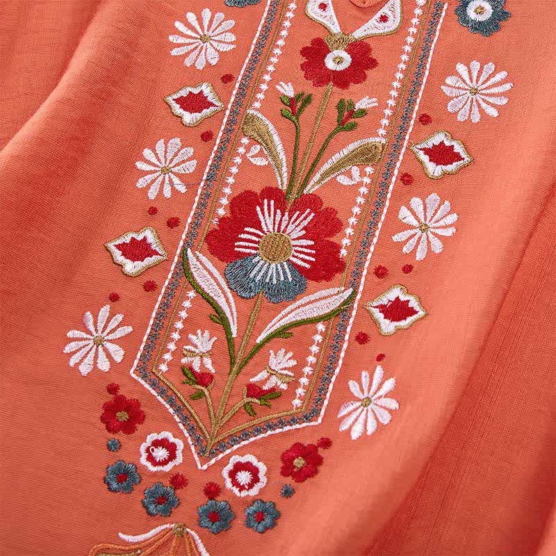 Buddha Stones Spring Boho Embroidered Cotton Linen Elbow-Length Sleeve Women's T-Shirts