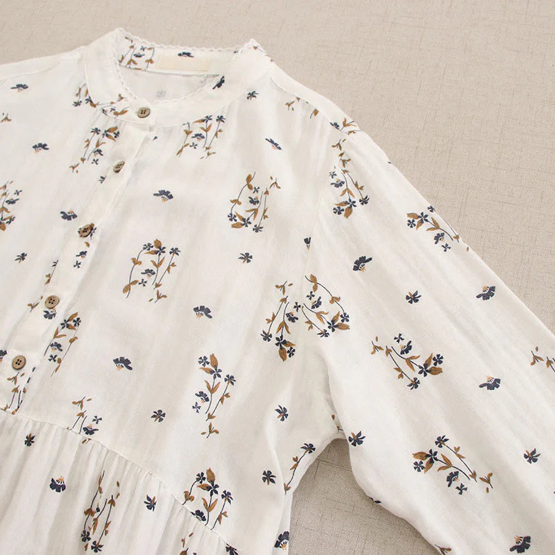 Buddha Stones Spring Small Floral Print Buttons Design Crew Neck Long Sleeve Midi Dress With Pockets