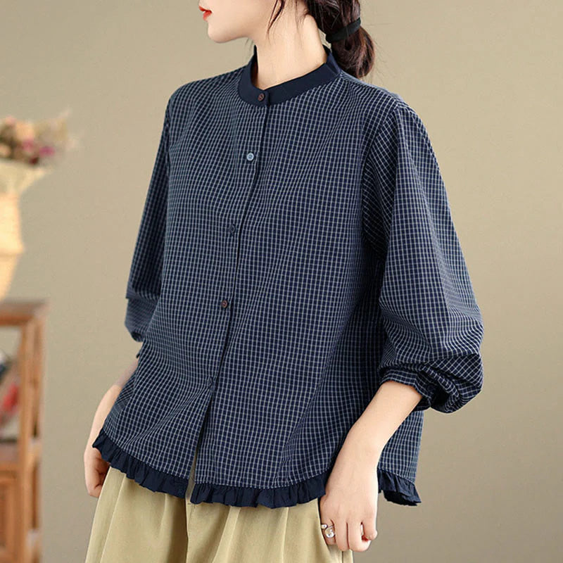 Buddha Stones Fall Plaid Striped Pattern Ruffled Hem Buttons Women's Cotton Long Sleeve Shirt