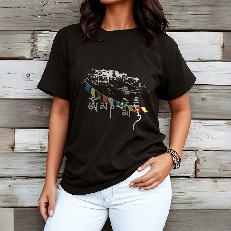 Buddha Stones Potala Palace Om Mani Padme Hum Prayer Flags Cotton Tee T-shirt