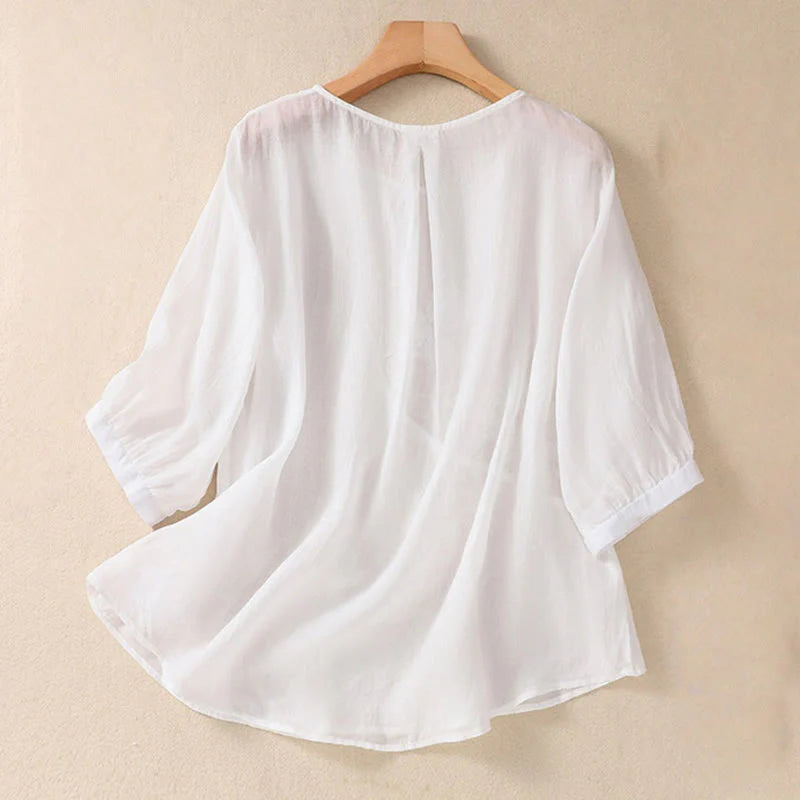 Buddha Stones Embroidered Flower Crew Neck Design Women's Cotton Linen Half Sleeve Shirt