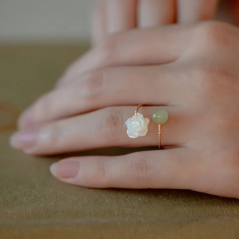 Buddha Stones 14K Gold Plated Tridacna Stone Rose Flower Jade Bead Blessing Ring
