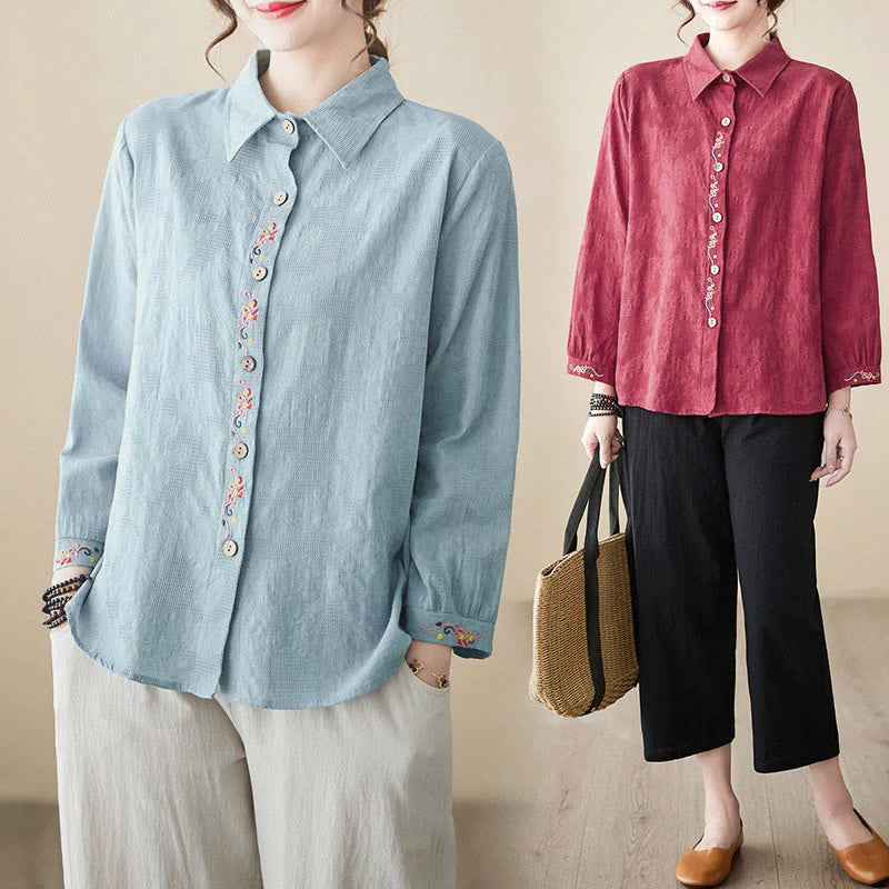 Buddha Stones Spring Plain Embroidered Flower Pattern Button Women's Long Sleeve Cotton Lapel Shirt