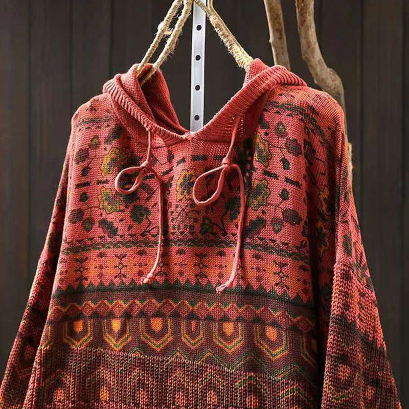 Buddha Stones Fall Striped Geometric Flowers Cotton Women's Long Sleeve Pullover Knitted Hoodie