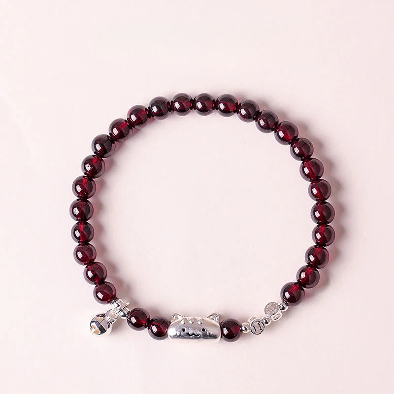 Buddha Stones 999 Sterling Silver Natural Cute Cat Head Garnet Protection Bead Bracelet