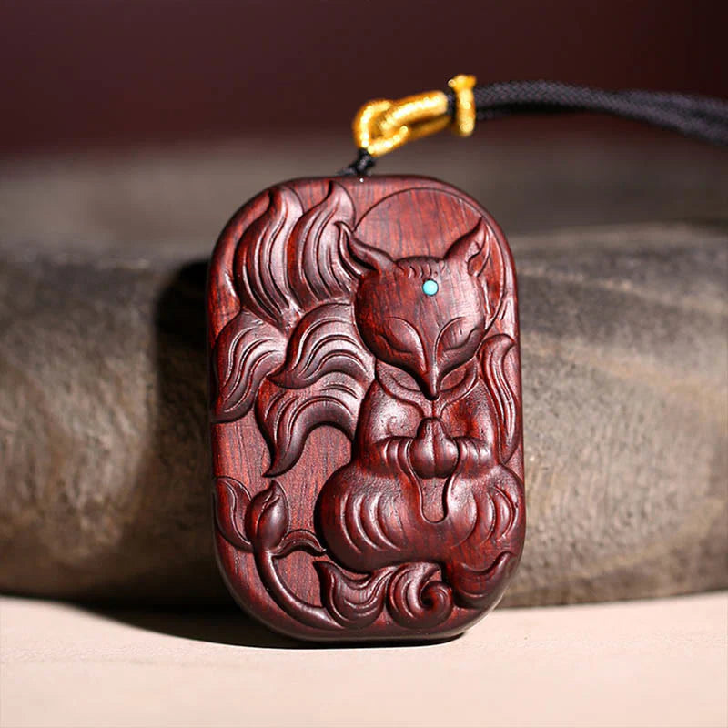 Buddha Stones Small Leaf Red Sandalwood Nine Tailed Fox Pattern Longevity Necklace Pendant (Extra 35% Off | USE CODE: FS35)