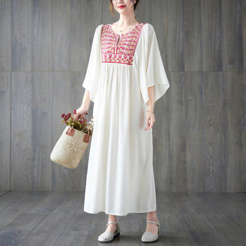 Buddha Stones Embroidery Notched Ruffled Hem Midi Dress With Pockets
