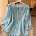 Buddha Stones Casual Embroidery Single Breasted Button Polyester Half Sleeve Women's V-neck Shirt