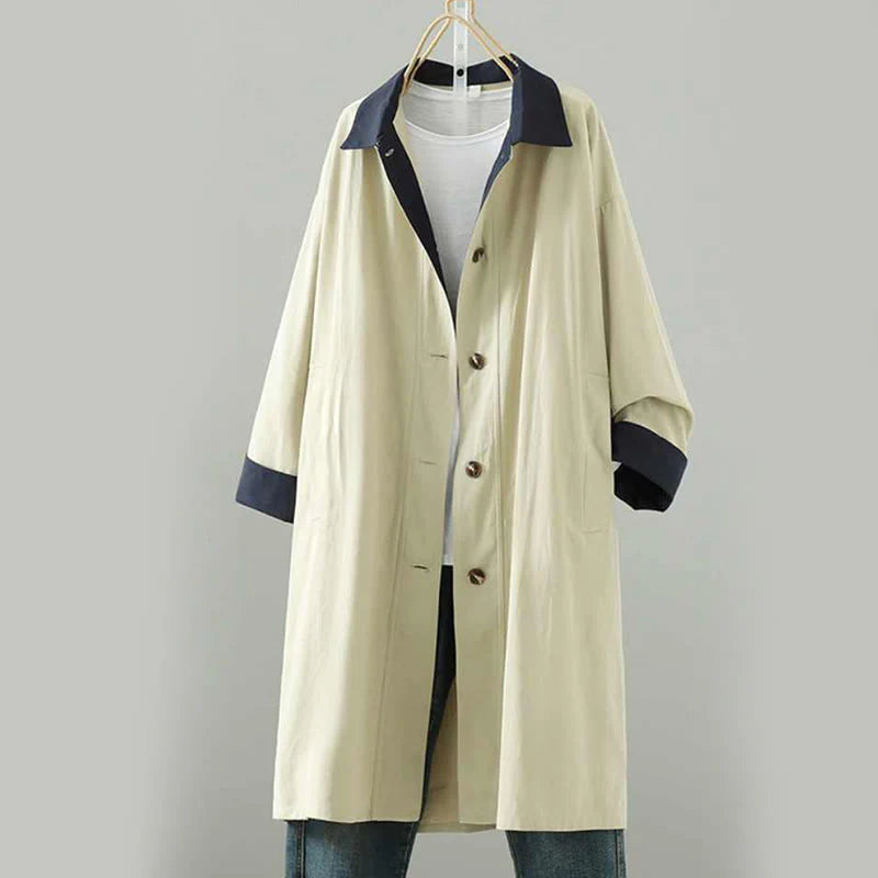 Buddha Stones Fall Lapel Buttons Patchwork Design Women's Cotton Long Sleeve Coat With Pockets