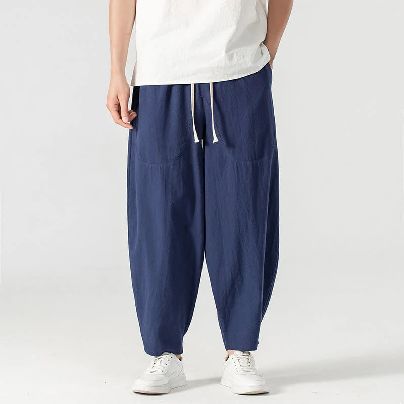 Buddha Stones Spring Fall Solid Color Drawstring Men's Ankle-Length Harem Pants With Pockets