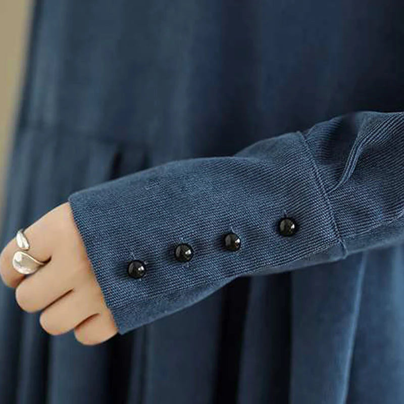Buddha Stones Fall Plain DarkBlue Long Sleeve Corduroy Midi Dress With Pockets