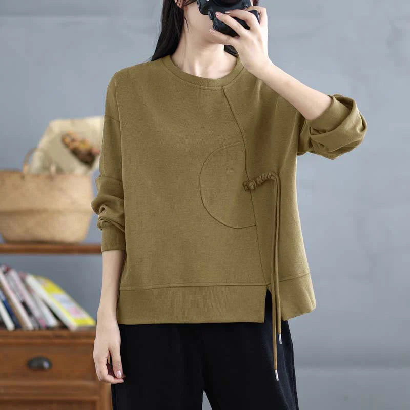 Buddha Stones Plain Frog-button Design Crew Neck Cotton Women's Long Sleeve Sweatshirt
