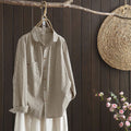 Buddha Stones Fall Stripe Stand Collar Buttons Women's Long Sleeve Shirt With Pocket