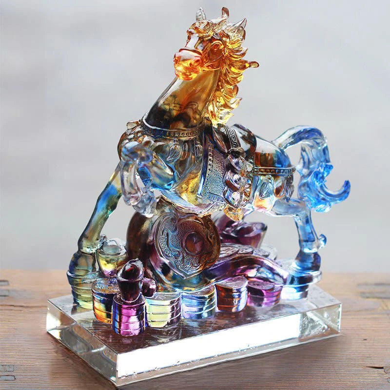 Buddha Stones Year Of The Horse Carved Ruyi Horse Liuli Crystal Art Piece Prosperity Home Office Decoration