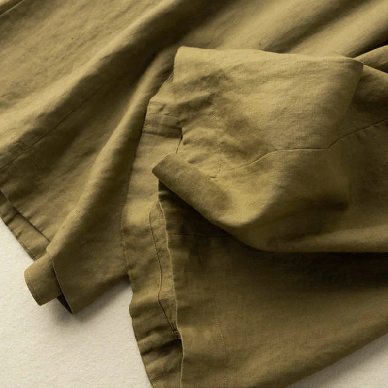 Buddha Stones Plain Color 7-8 Length Capri Cropped Pants Cotton Linen Women's Wide Leg Pants With Pockets