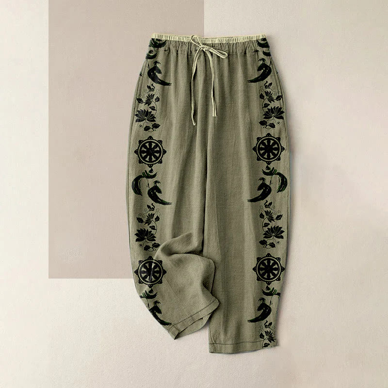 Buddha Stones Cotton Casual Dharma Wheel Lotus OM Pattern Women's Elastic Waist Pants With Pockets