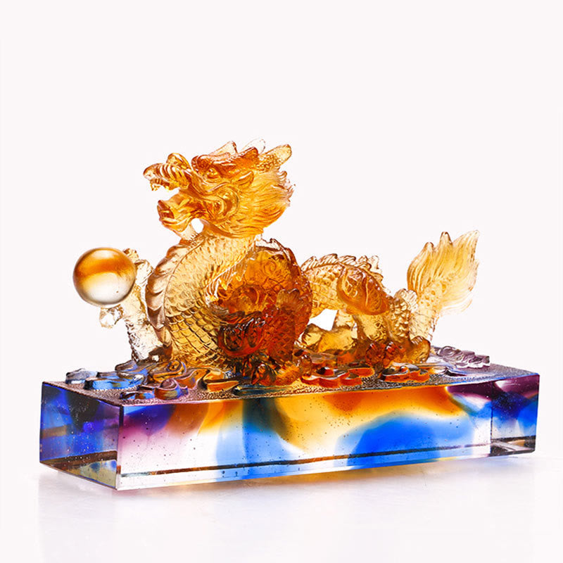 Buddha Stones Handmade Multicolored Dragon Liuli Crystal Art Piece Protection Home Office Decoration