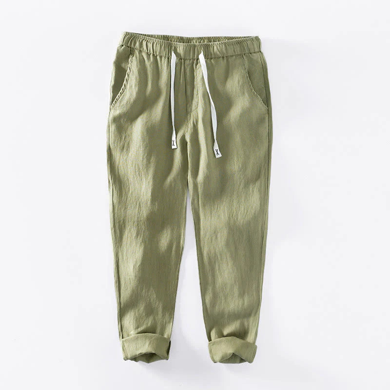 Buddha Stones Fall Solid Drawstring Elastic Waist Men's Linen Ankle-Length Pants With Pockets