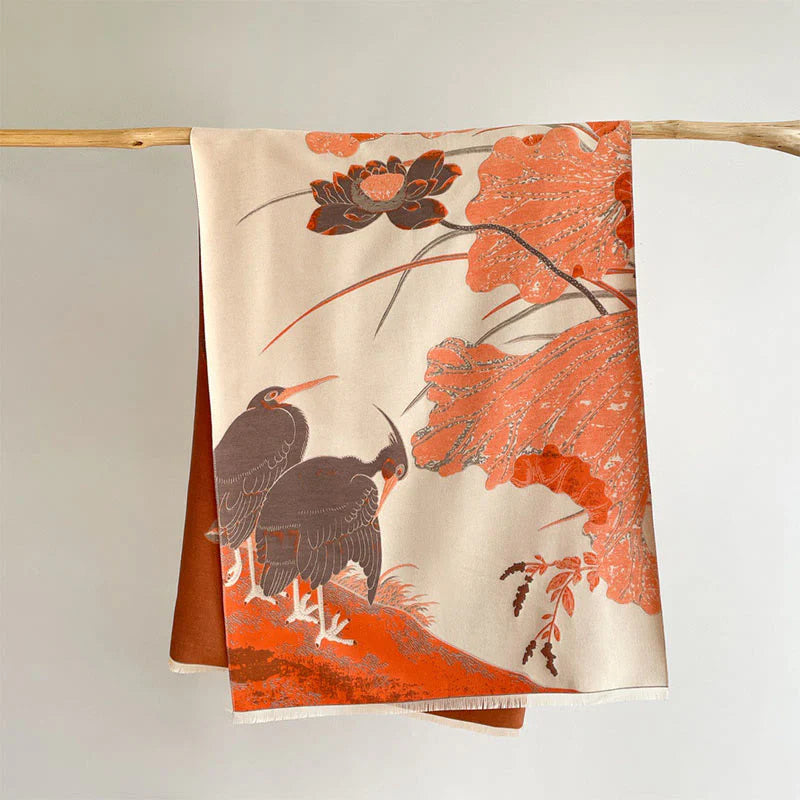 Buddha Stones Winter Stork Birds Lotus Flowers Leaves Pattern Soft Scarf Shawl