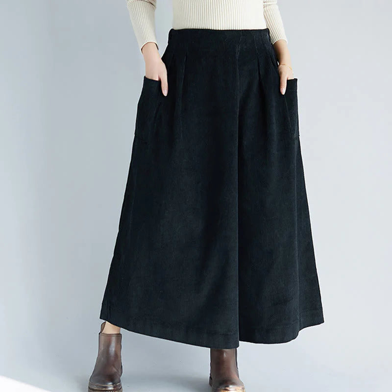 Buddha Stones Women's Plain Side Zipper Design Wide Leg Corduroy 7-8 Length Pants With Pockets