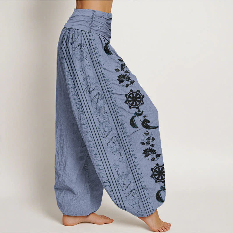 Buddha Stones Cotton Dharma Wheel Lotus OM Pattern Women's Elastic Waist Harem Pants