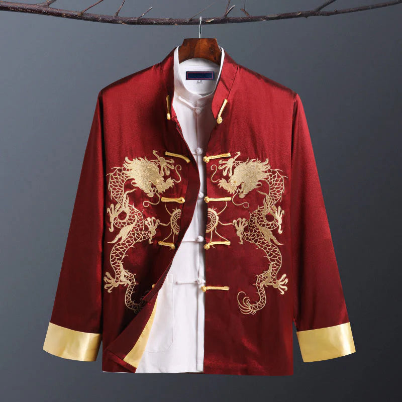 Buddha Stones Spring Fall Dragon Embroidery Frog-Button Long Sleeve Men's Jacket