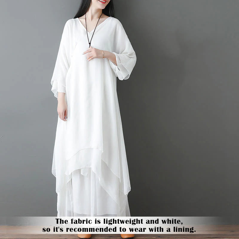 Buddha Stones V-Neck Midi Tunic Dress Wide Leg Pants Meditation Zen Practice Dance Clothing