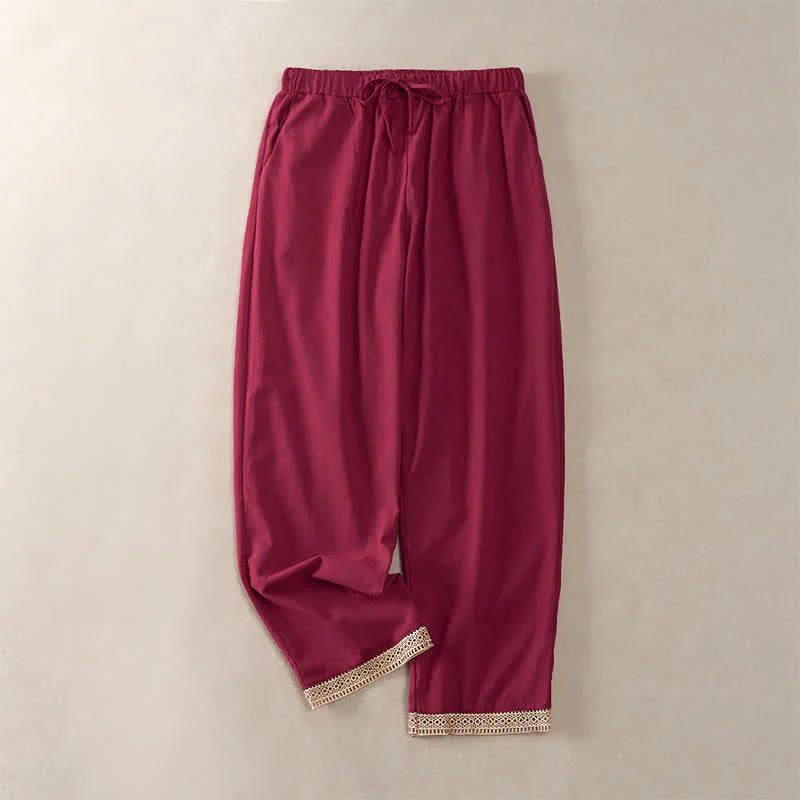 Buddha Stones Summer Lace-trimmed Hem Solid Color Women's Tapered Pants With Pockets