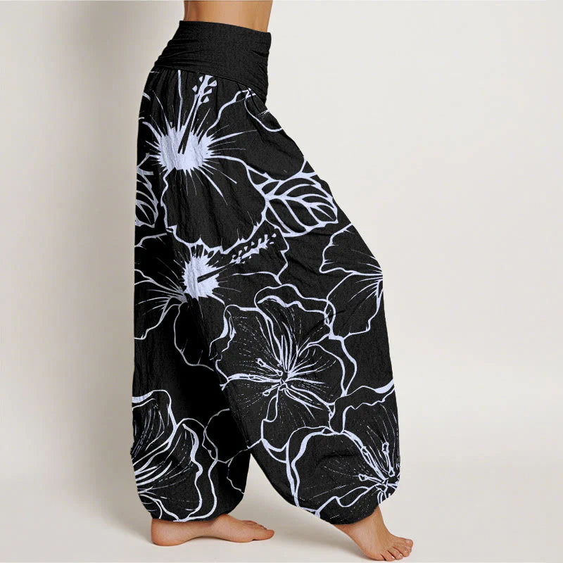 Buddha Stones Cotton Morning Glory Flowers Pattern Design Women's Elastic Waist Harem Pants