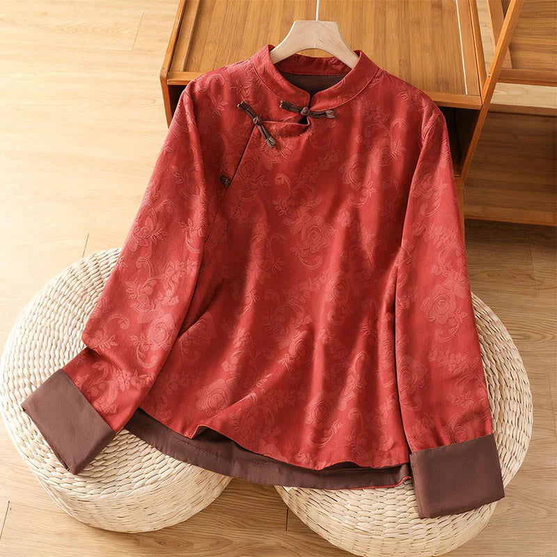 Buddha Stones Fall Jacquard Floral Print Frog-Button Stand Collar Long Sleeve Women's Cotton Shirt