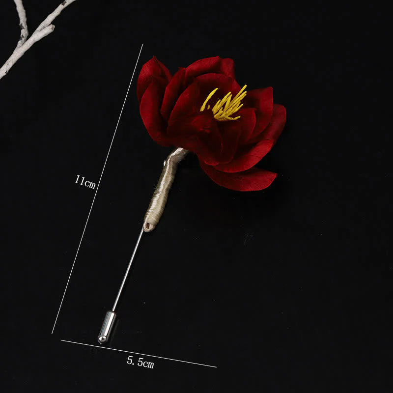 Buddha Stones Cultural Heritage Handcrafted Silk Art Red Camellia Blessing Sincerity Brooch