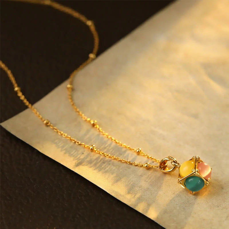 FREE Today: Support and Peace Multicolored Cat's Eye Inlaid Design Cube Necklace Pendant