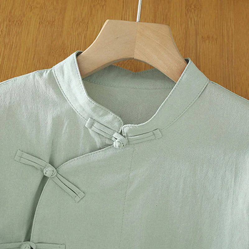 Buddha Stones Casual Vintage Chinese Frog-Button Lace-Up Patchwork Design Women's Cotton Shirt